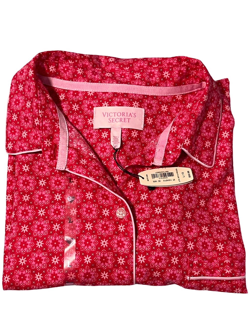 Victoria’s Secret Pajama Top Large Red Pink Floral Button Front Piping NWT